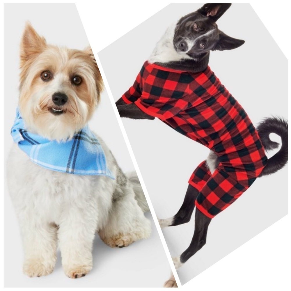 Set of NWOT Large Buffalo Plaid Pet Pajamas & Blue Plaid Bandana